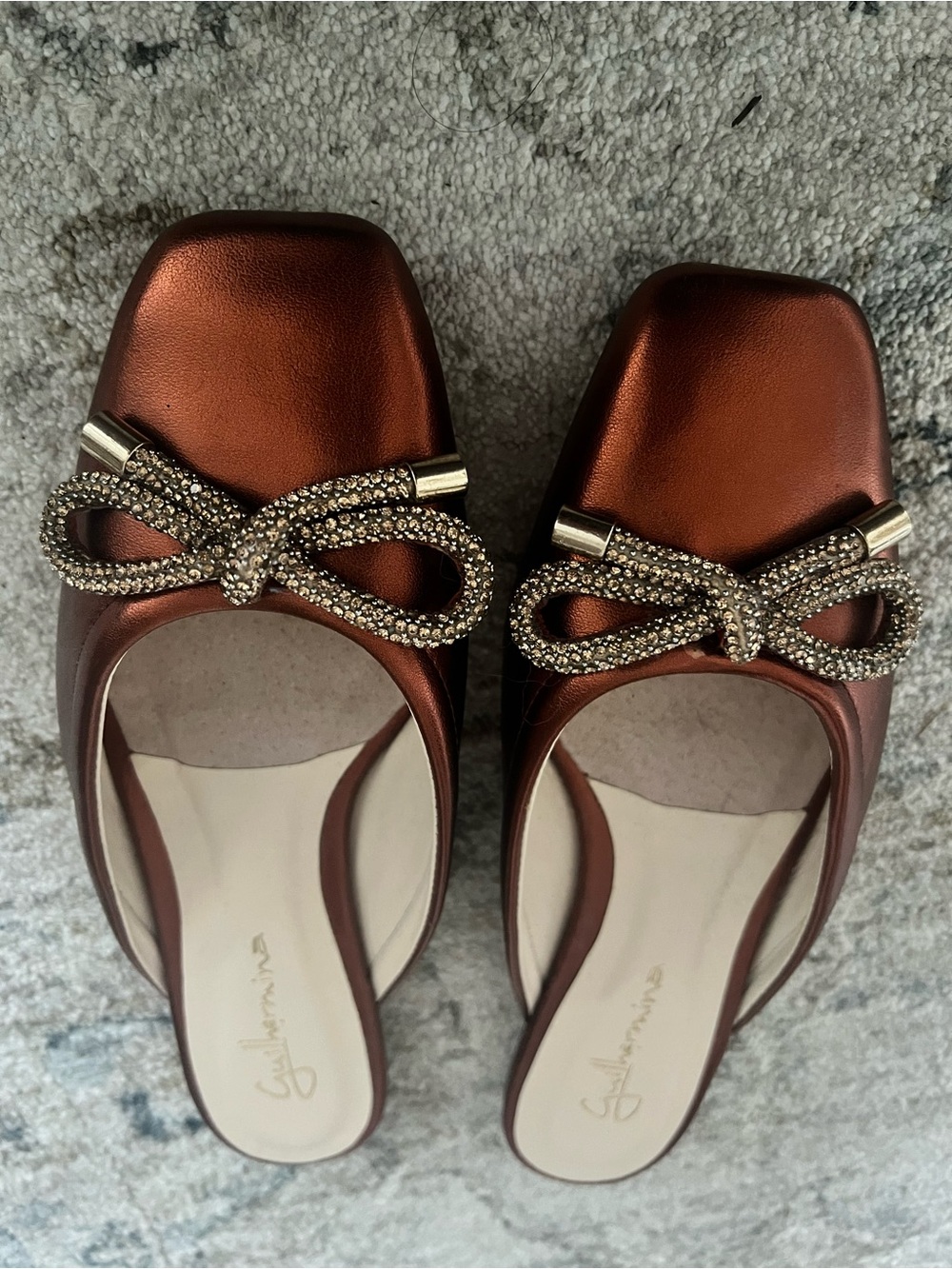 Anthropologie Bronze Metallic Bow-Embellished Mules